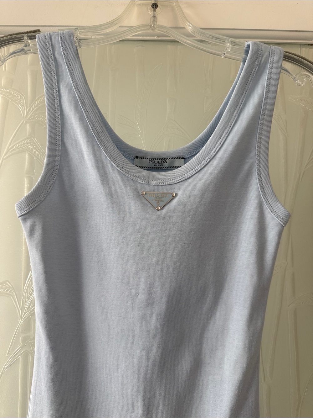 Prada Pale Blue Ribbed Tank with Silver Logo Triangle . Classic longer tank top